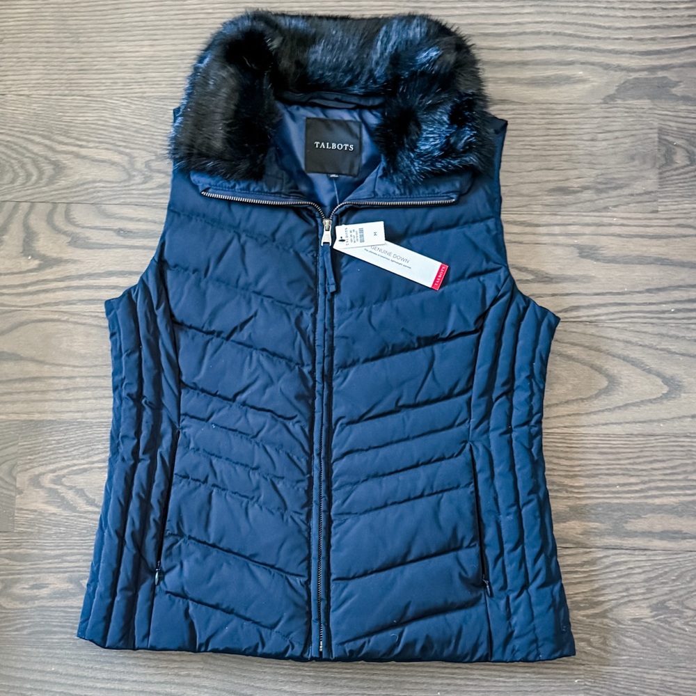 NWT Talbots Dark Blue Navy Down Quilted Vest with Faux Fur Trim Size M